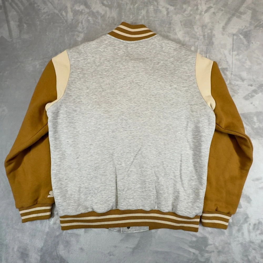 Starter Since 1971 Varsity Bomber Jacket Large Gray Mustard Gold Snap Look Star